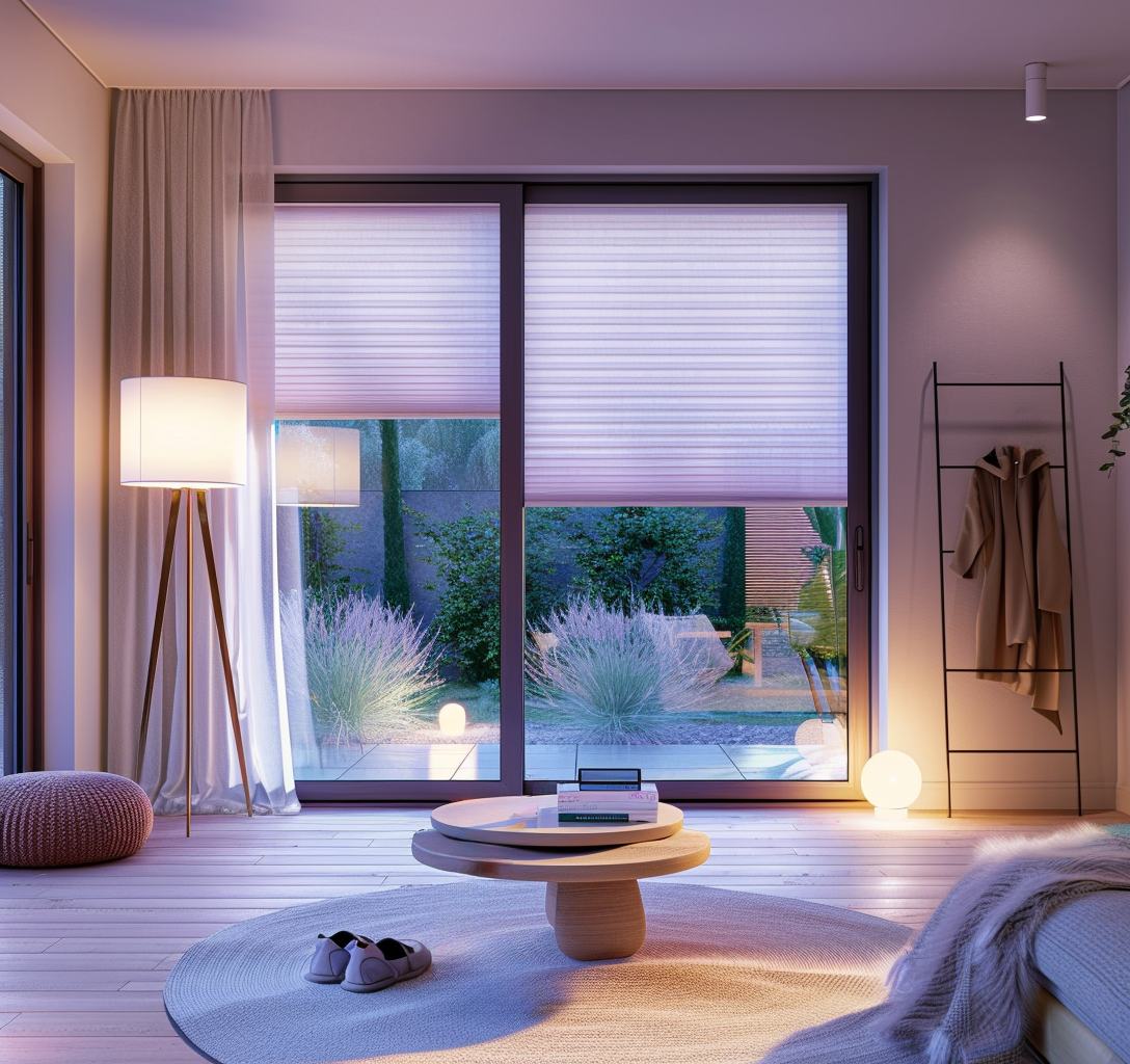 Wabenplissee lichtdurchlässig im Schlafzimmer mit warmem Abendlicht und Blick in den Garten