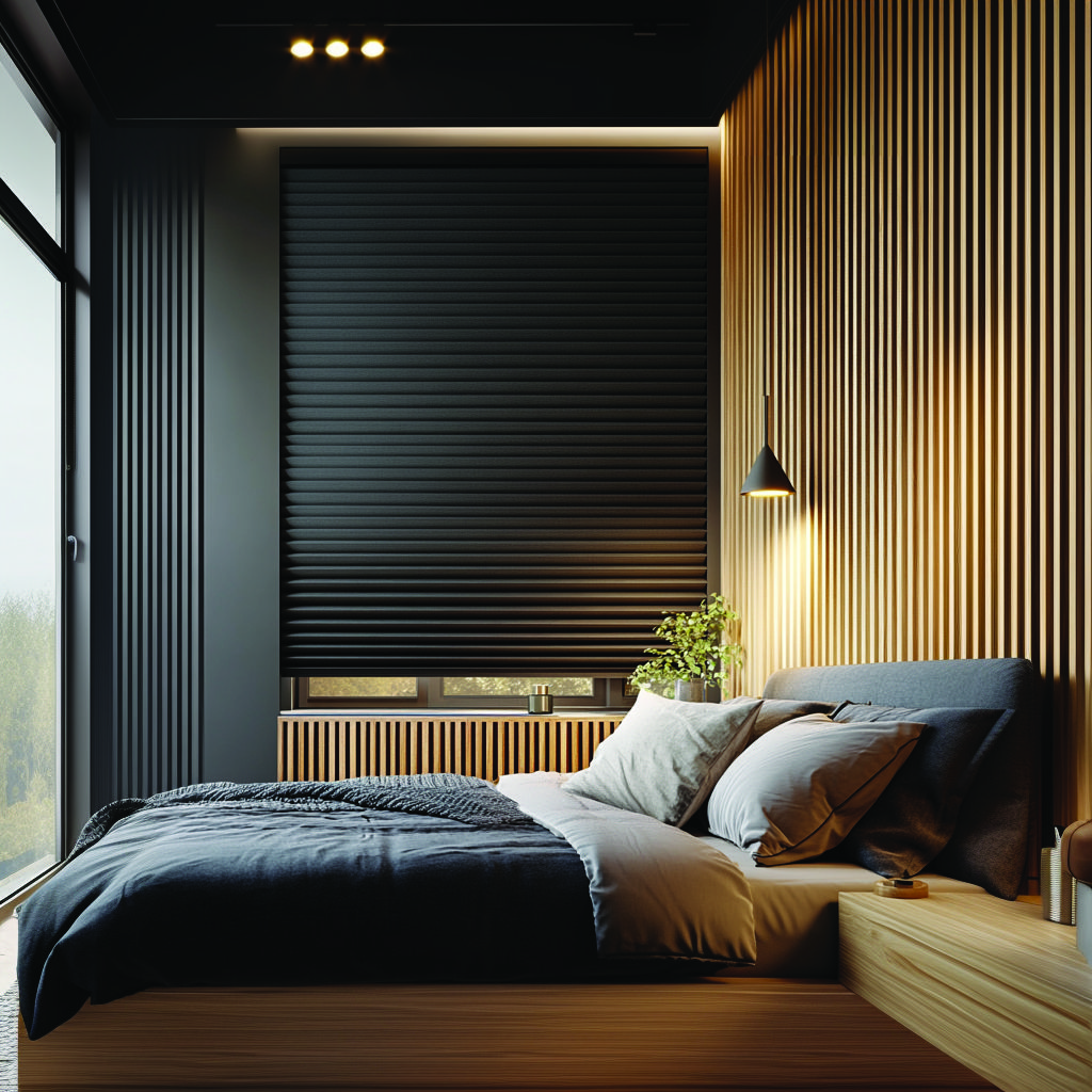 Abdunkelndes Wabenplissee in Anthrazit im modernen Schlafzimmer mit Holzwand