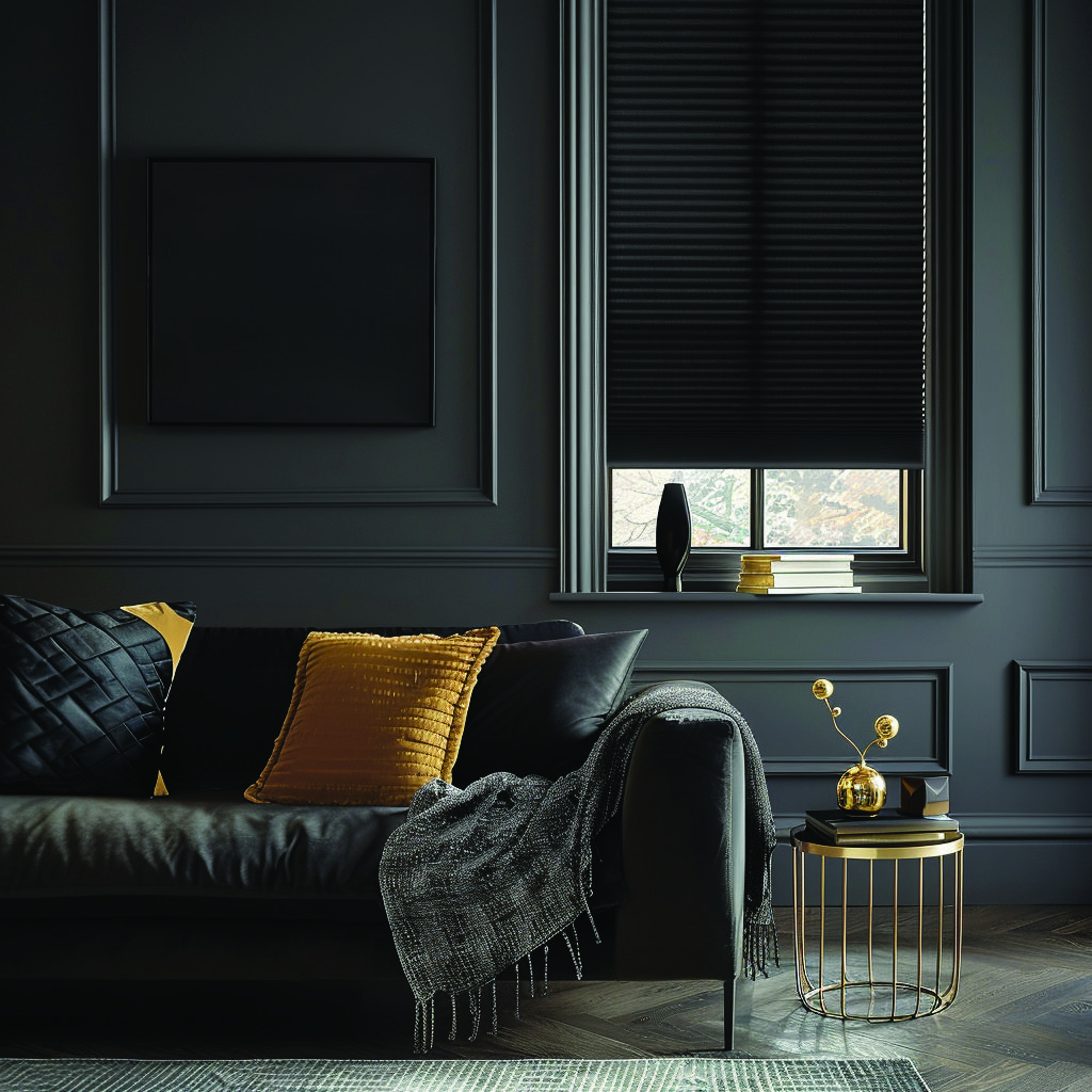 Schwarzes abdunkelndes Wabenplissee im eleganten Wohnzimmer mit goldenen Akzenten