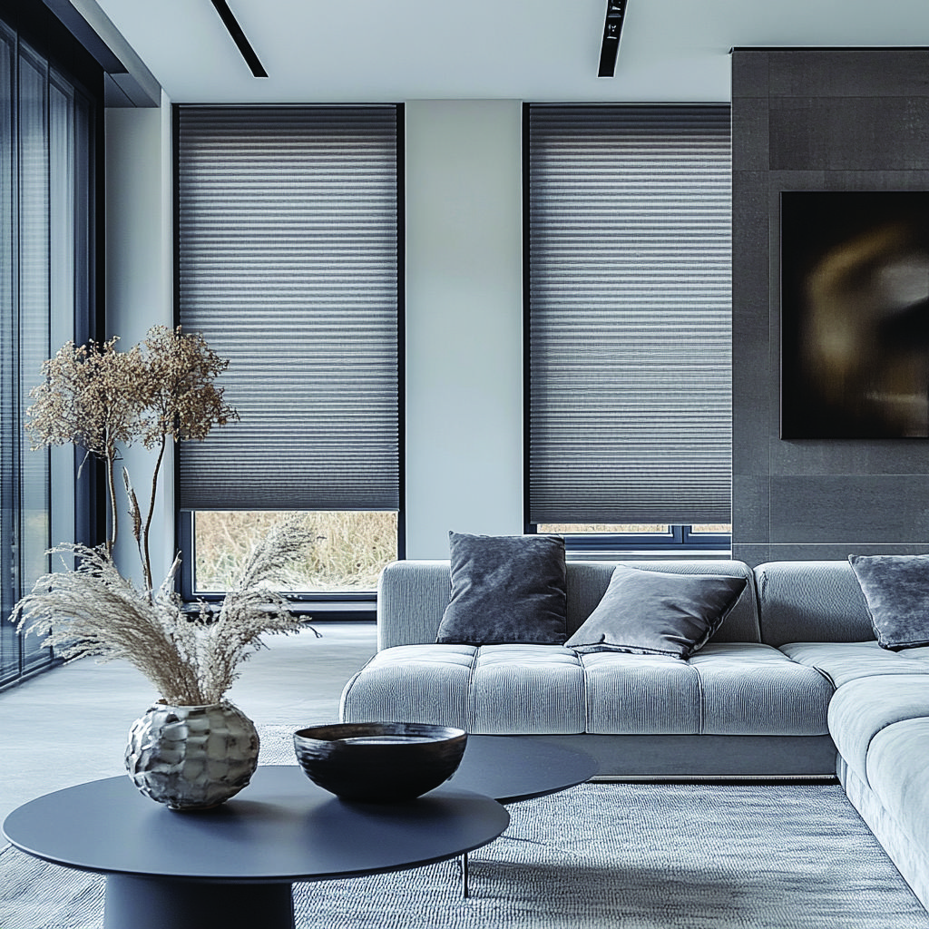 Lichtdurchlässige Wabenplissees in Anthrazit vor großen Fensterfronten im modernen Wohnzimmer