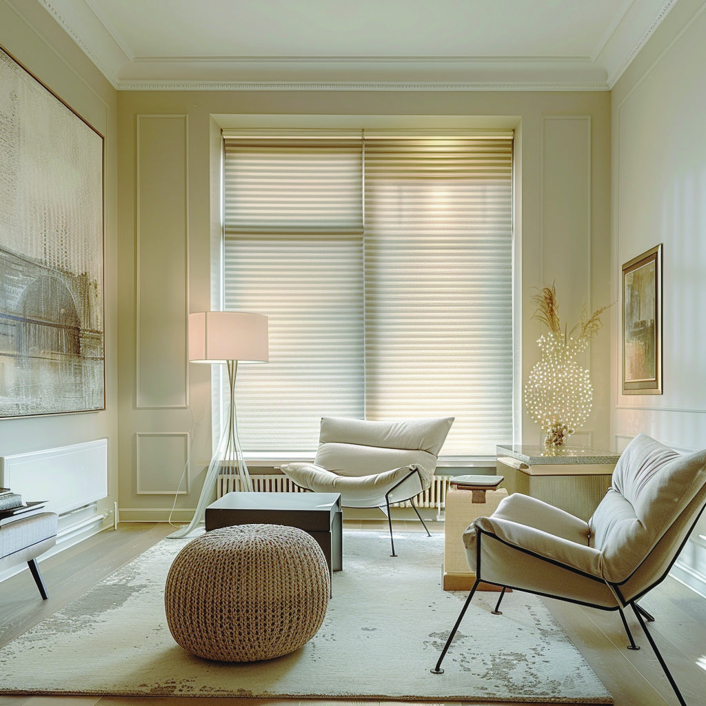 Lichtdurchlässiges Wabenplissee in Creme im klassischen Wohnzimmer mit Altbau-Stuckdecke