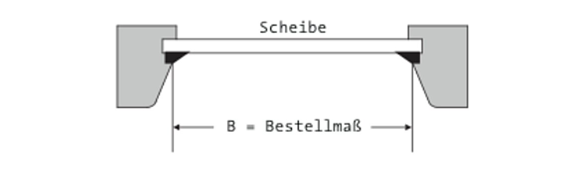 Zeichnung eines schrägen Fensterfalzes mit Bestellmaß-Formel B gleich Bestellmaß ohne Abzug