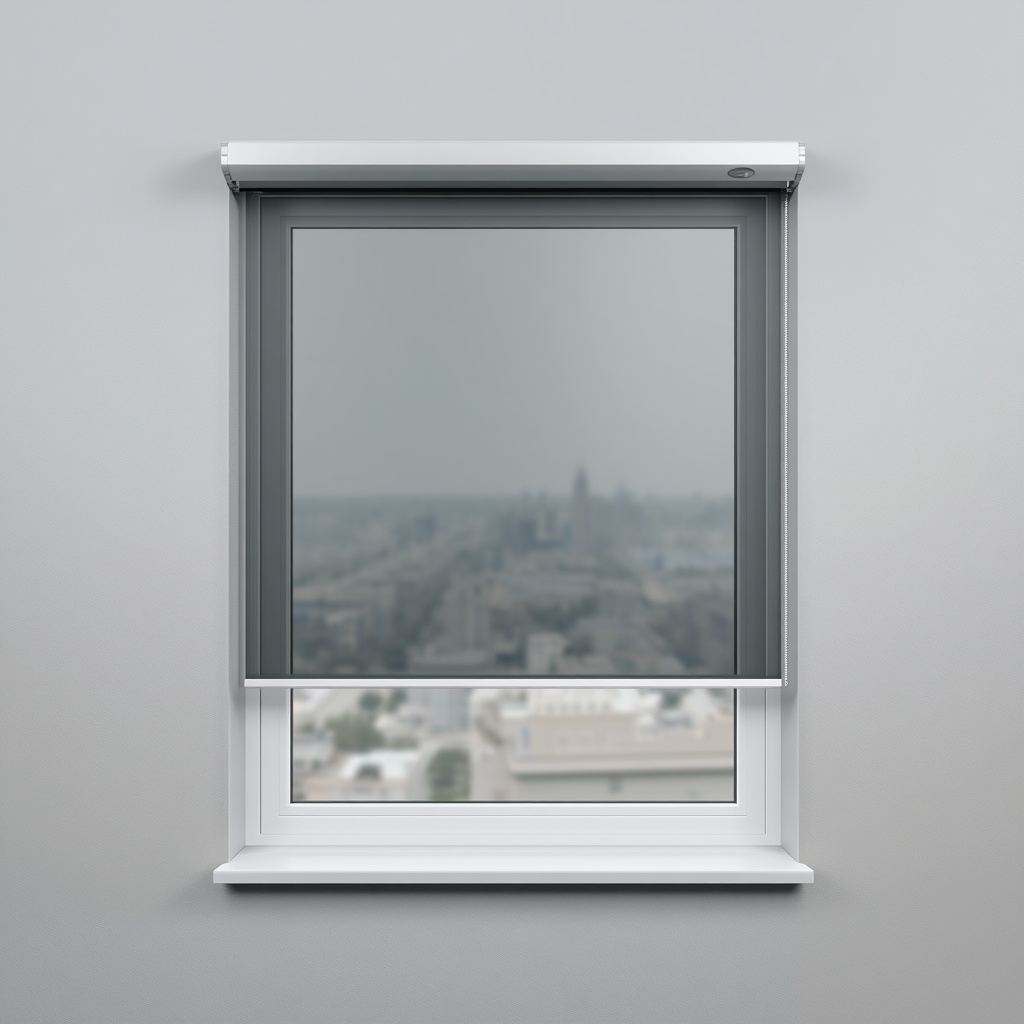 Folienrollo am Fensterrahmen montiert – Symbolbild (KI-generiert) Folienrollo mit Kassette oben am Fensterrahmen montiert, die transparente Folie ist halb heruntergelassen
