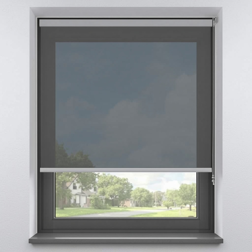 Transparentes Folienrollo am Fenster – Symbolbild (KI-generiert) Halb heruntergelassenes, transparentes Folienrollo an einem Fenster mit anthrazitfarbenem Rahmen, oben gedämpfter, unten ungefilterter Blick nach draußen