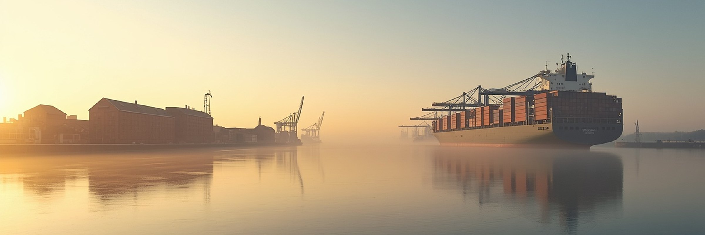 Hamburger Hafen im Morgennebel mit Speichergebäuden und Containerschiff – Namensgeber der Lamellenvorhang-Kollektion Hafenkai (KI generiert)
